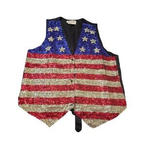 Vintage USA American Flag Sequin Beaded Vest Size XL Snap Front C20.1